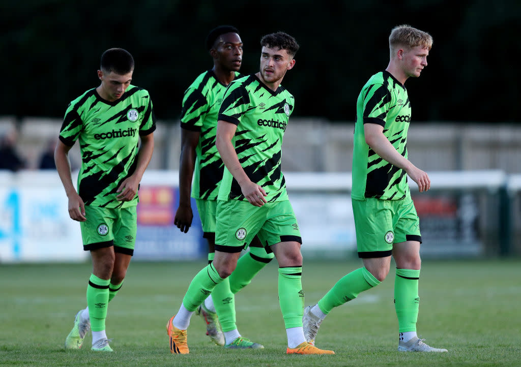  Forest Green Rovers season preview 2023/24 Callum Jones of Forest Green Rovers celebrates after scoring the team's first goal with teammates during the pre-Season friendly match between Melksham Town and Forest Green Rovers at Oakfield Stadium on July 05, 2023 in Melksham, England. Forest Green Rovers caretaker manager Hannah Dingley becomes first woman to take charge of English Football League club. (Photo by Ryan Hiscott/Getty Images) 