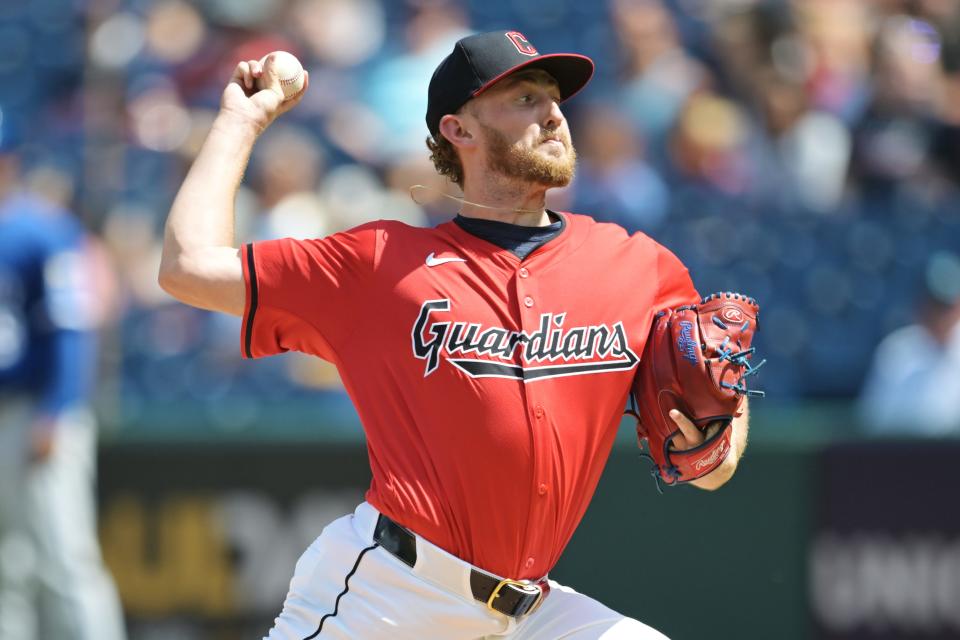 Cleveland Guardians starter Tanner Bibee (28) throws a pitch against the Kansas City Royals on Aug. 28 in Cleveland.