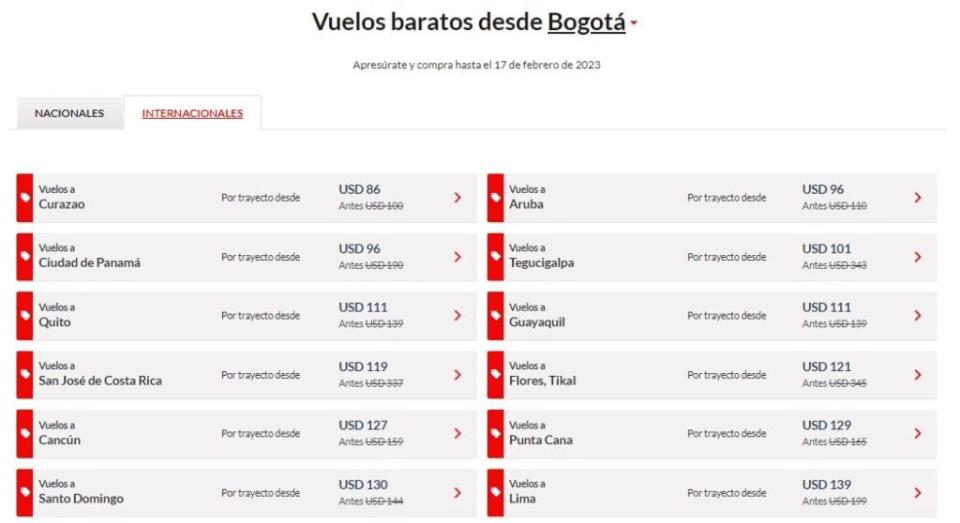 Vuelos internacionales de Avianca