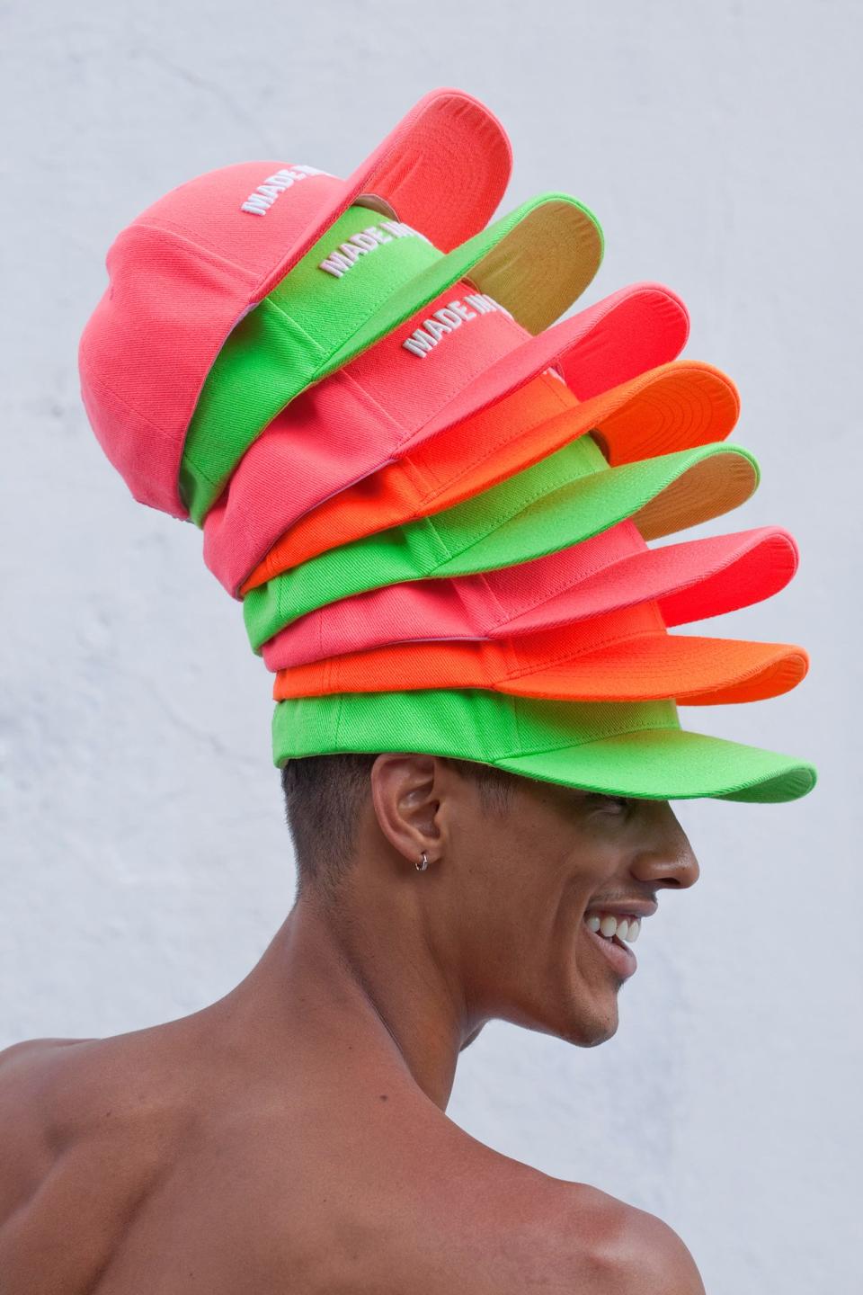 Made in Brazil's neon hats, made with the local denim brand, Ellus.