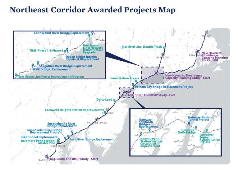 A White House map detailing $16 billion in new passenger rail funding along Amtrak's busy Northeast Corridor.
