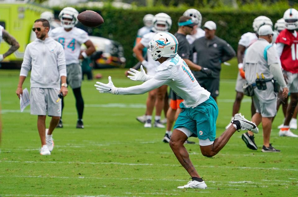 Miami Dolphins wide receiver Cedrick Wilson Jr. (11) participates in training camp at Baptist Health Training Complex, Wednesday, July 26, 2023 in Miami Gardens.