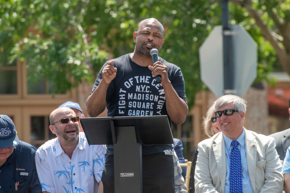 Boxer Roy Jones Jr. speaks during Fred Levin Way Fest in downtown Pensacola on April 24.