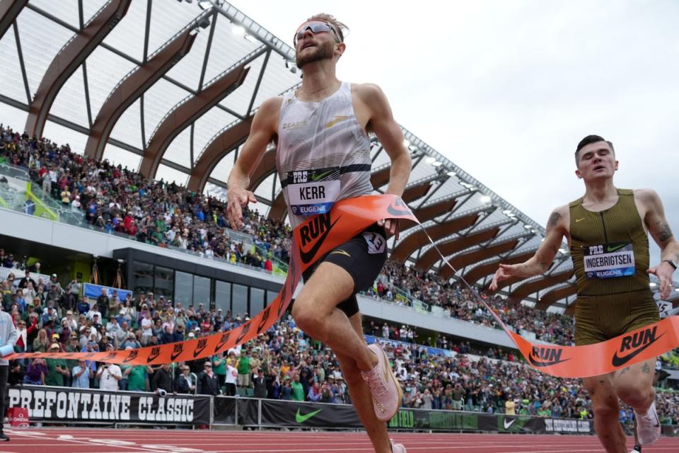 Josh Kerr outclassed the field to win the mile race, in a British record time, at the Diamond League event in Eugene (USA TODAY Sports via Reuters Con)