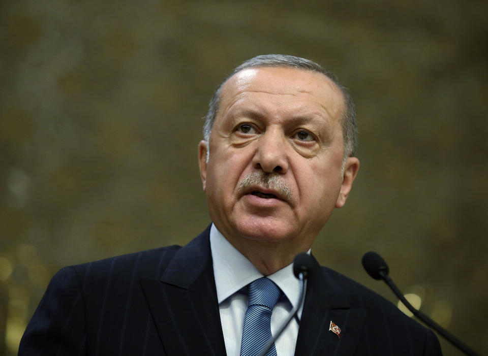 FILE - In this Tuesday, April 30, 2019 file photo, Turkey's President Recep Tayyip Erdogan speaks during a meeting in Ankara, Turkey. The death toll from the Christchurch mosque attacks has risen to 51 after a Turkish man who had been hospitalized since a gunman opened fire on worshippers seven weeks ago died overnight, authorities in New Zealand and Turkey confirmed, Friday, May 3, 2019. Relations between Turkey and New Zealand have been strained since the March 15 attack after Turkish President Recep Tayyip Erdogan showed clips of a livestream video taken by the gunman at election campaigns to denounce hatred against Islam. (Presidential Press Service via AP, Pool, File)