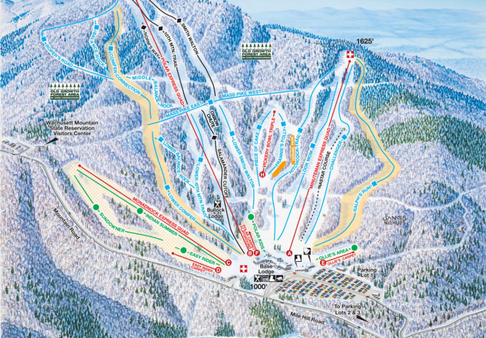 Trail map courtesy of <a href="https://www.wachusett.com/the-mountain/about-wachusett/trail-map/" rel="nofollow noopener" target="_blank" data-ylk="slk:Wachusett Ski Area.;elm:context_link;itc:0;sec:content-canvas" class="link ">Wachusett Ski Area.</a>