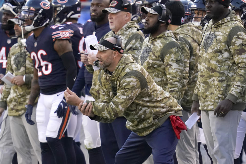 Chicago Bears head coach Matt Nagy watches his team from the sidelines during the second half of an NFL football game against the Baltimore Ravens Sunday, Nov. 21, 2021, in Chicago. (AP Photo/Nam Y. Huh)