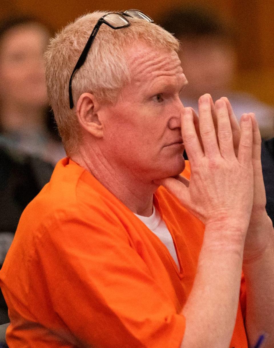 Alex Murdaugh listens during the jury-tampering hearing at the Richland County Judicial Center on Monday, January 29, 2024 in Columbia, South Carolina. The hearing allegations against Colleton County Clerk of Court Rebecca “Becky” Hill ruled by former S.C. Chief Justice Jean Toal.