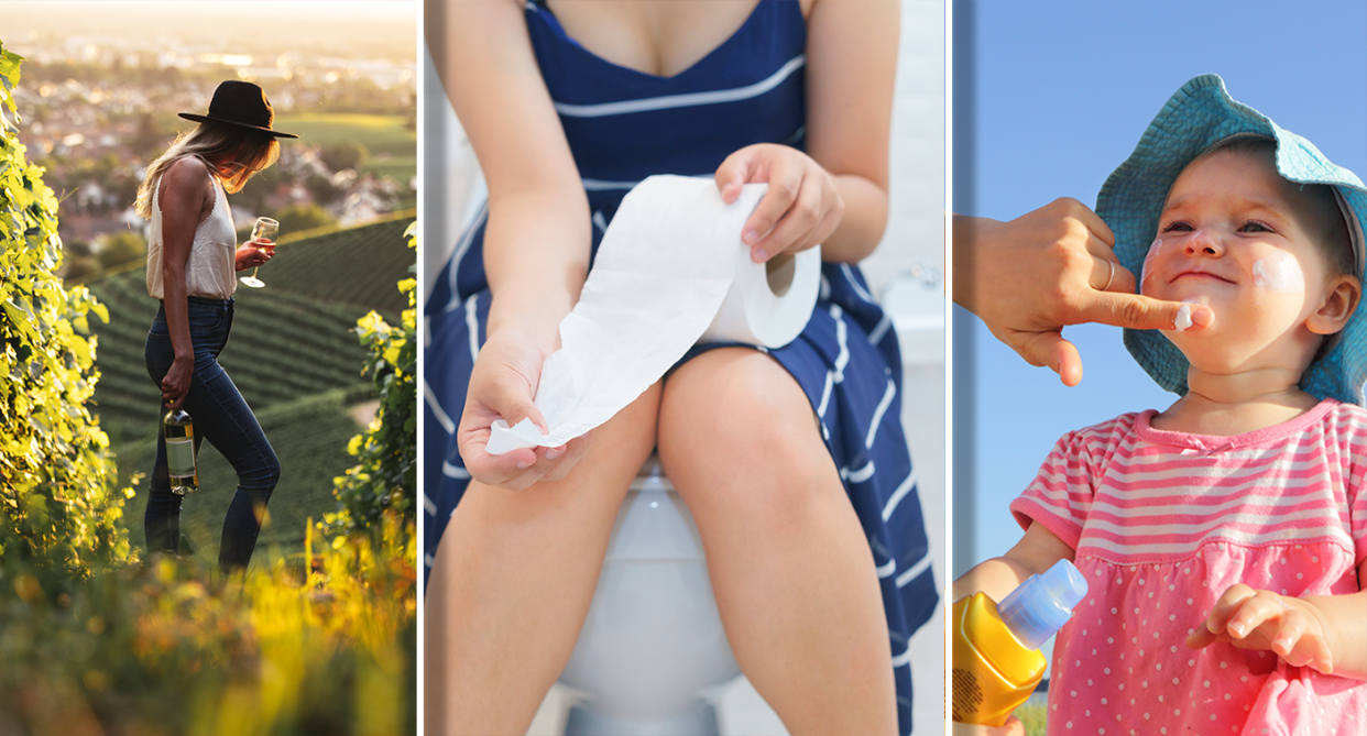 Three images. 1. A woman holding a wine bottle in a vineyard. 2. A woman on the toilet holding toilet paper. 3 A hand putting sunscreen on a baby's face.