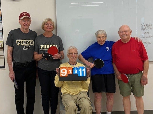 From left: Runners-up Gary and Barb Dlouhy, scorekeeper Woody Gove, and tournament champions Ruth Gove and Kermit Raxter.