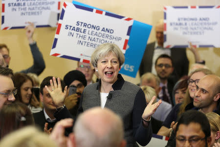 Britain's Prime Minster Theresa May delivers a stump speech at Netherton Conservative Club during the Conservative Party's election campaign, in Dudley April 22, 2017. REUTERS/Chris Radburn/Pool