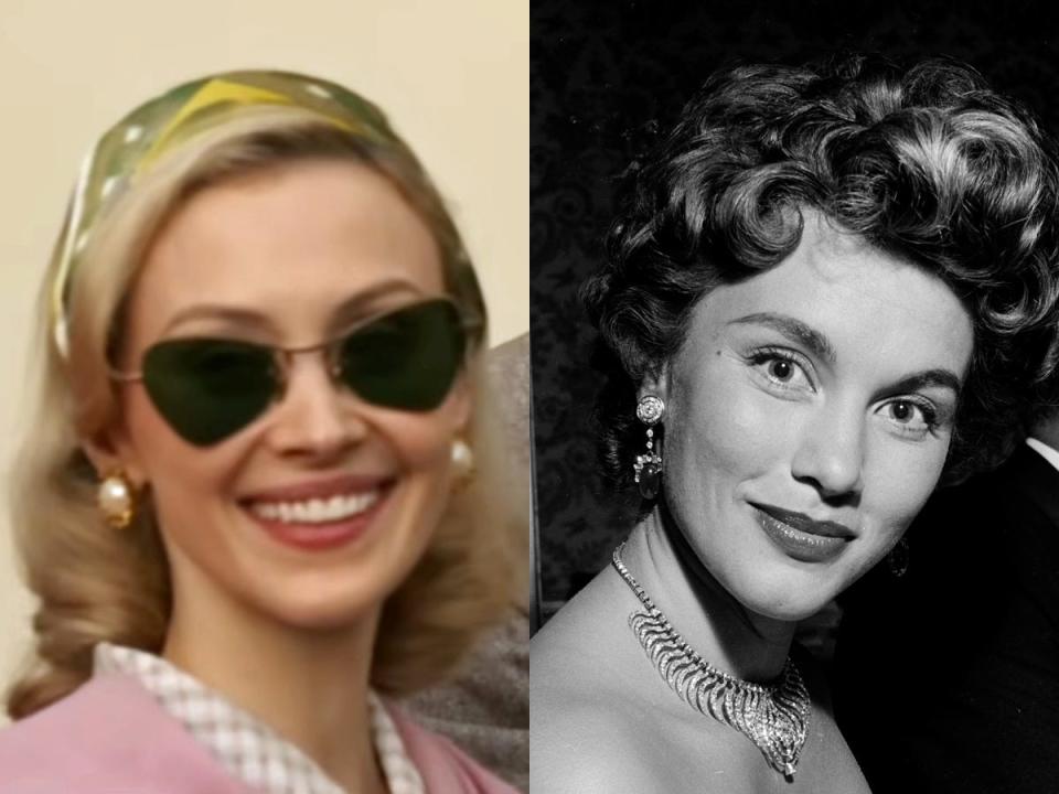 A side-by-side image of Sarah Gabon as Linda Christian in "Ferrari," and Linda Christian in 1954.