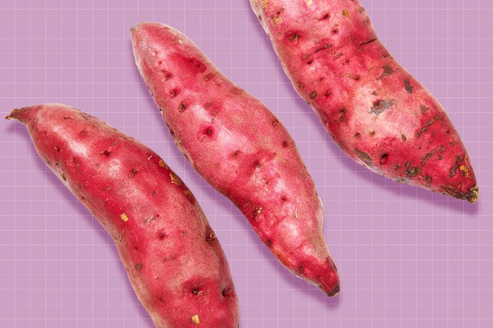 3 sweet potatoes on a designed background