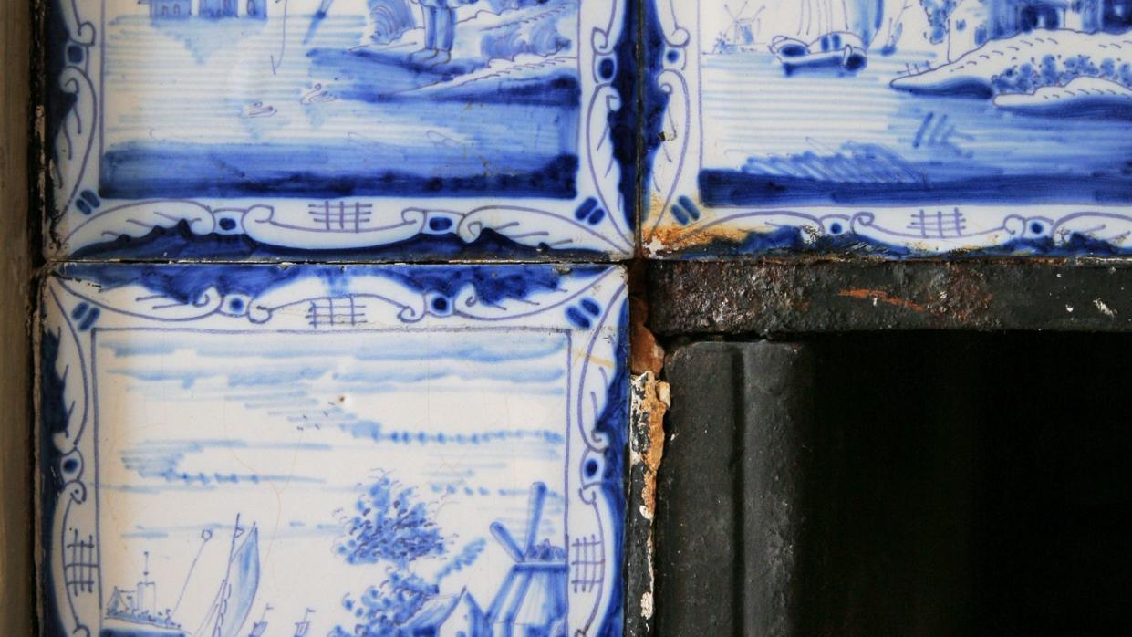 these english delft tiles bordering a fireplace hearth are original to the lady pepperrell house in