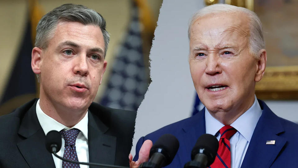 A split image of Jim Banks and Joe Biden