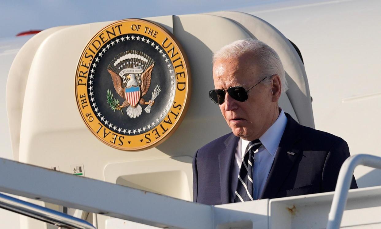 <span>Joe Biden arrives on Air Force One at Delaware air national guard base on Friday.</span><span>Photograph: Pablo Martínez Monsiváis/AP</span>