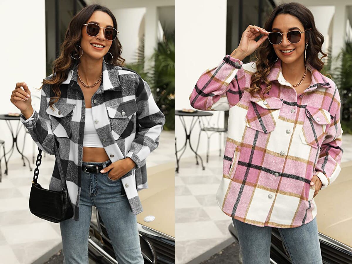 UANEO Womens Casual Plaid Wool Blend Button Down Long Sleeve Shirt Jacket Shackets