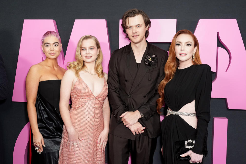 NEW YORK, NEW YORK - JANUARY 08: (L-R) Auli'i Cravalho, Angourie Rice, Christopher Briney, and Lindsay Lohan attend the Global Premiere of "Mean Girls" at the AMC Lincoln Square Theater on January 08, 2024, in New York, New York. (Photo by John Nacion/Getty Images for Paramount Pictures)