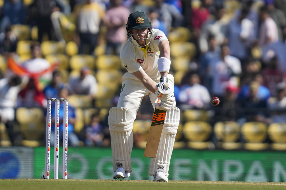 Australia's Steve Smith plays shot during the first day of the first cricket test match between India and Australia in Nagpur, India, Thursday, Feb. 9, 2023. (AP Photo/Rafiq Maqbool)