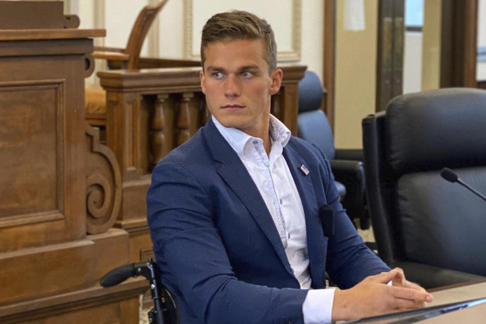 GOP primary candidate Madison Cawthorn participates in a debate at the Haywood County Courthouse in Waynesville, N.C. (Stephen Smith / via AP file)