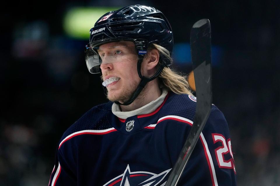 Columbus Blue Jackets left wing Patrik Laine (29) skates to the circle before a face-off against Philadelphia Flyers during the 1st period of their NHL game at Nationwide Arena in Columbus, Ohio on April 7, 2022.  