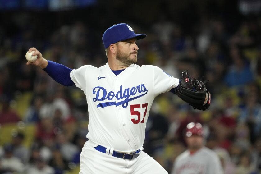 Dodgers relief pitcher Ryan Brasier throws against the Angels on July 7, 2023, in Los Angeles.