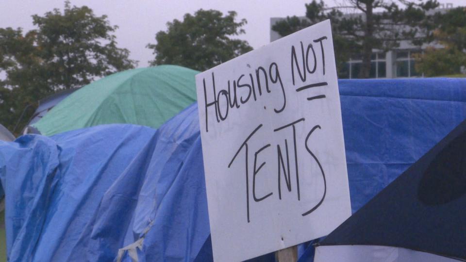 Tents are pitched in front of Confederation Building in St. John's, as people  — many of whom are homeless — draw attention to Newfoundland and Labrador's housing crisis. 