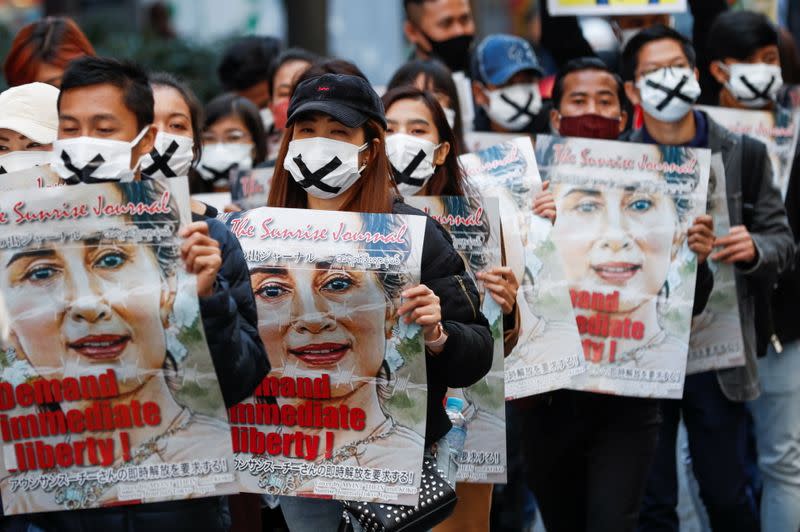 Demonstrators protest against the military coup in Myanmar, in Tokyo