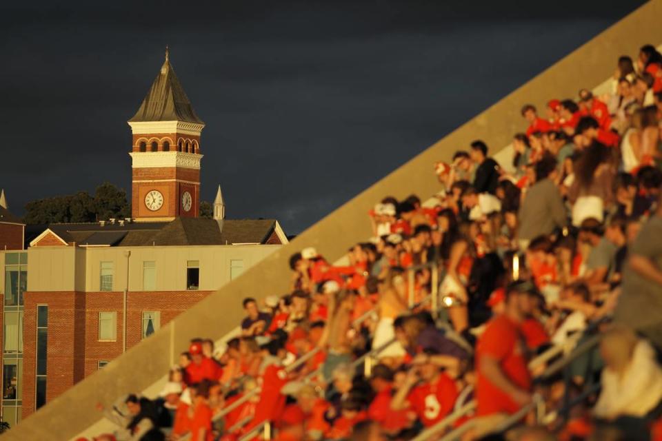 Fans in the upper deck of Memorial Stadium wait for kickoff before the N.C. State game as Tillman Hall is seen in Clemson, S.C. on Saturday, Oct. 1, 2022.