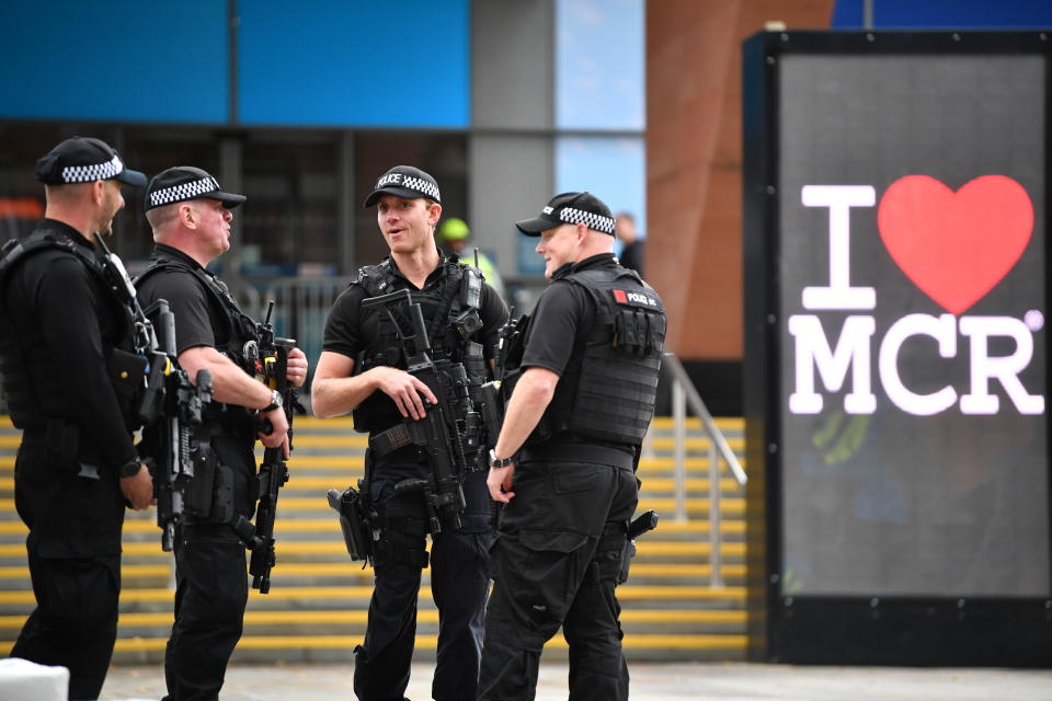 MANCHESTER, ENGLAND - SEPTEMBER 28: Armed Police are seen outside the Conservative Party Conference on September 28, 2019 in Manchester, England. Despite Parliament voting against a government motion to award a recess, Conservative Party Conference still goes ahead. Parliament will continue with its business for the duration. (Photo by Jeff J Mitchell/Getty Images)