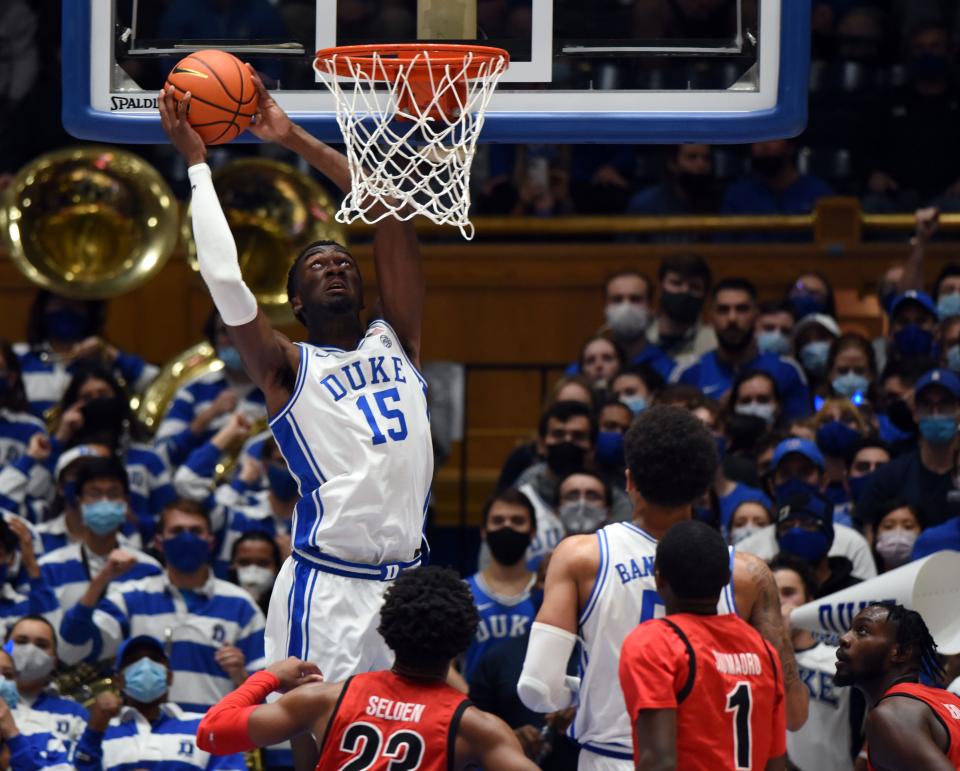 Nov 16, 2021; Durham, North Carolina, USA; Duke Blue Devils center Mark Williams(15) dunks  during the first half against the Gardner-Webb Runnin' Bulldogs at Cameron Indoor Stadium. Mandatory Credit: Rob Kinnan-USA TODAY Sports