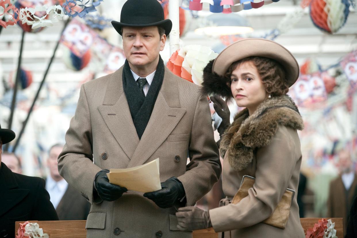 King George VI (Colin Firth, with Helena Bonham Carter) works through a troublesome stutter to deliver an important wartime radio broadcast in "The King's Speech."