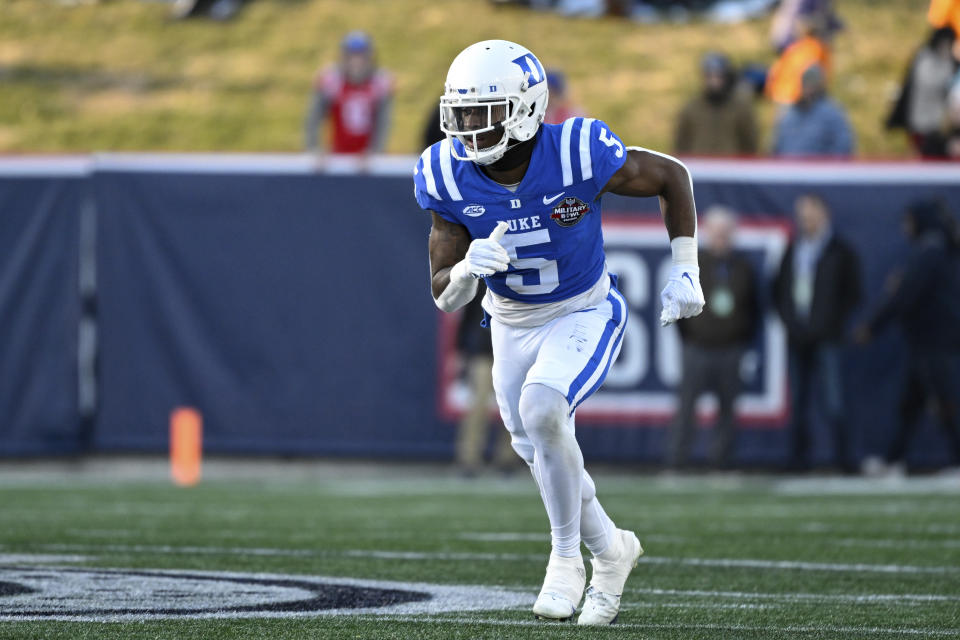 FILE - Duke wide receiver Jalon Calhoun (5) in action during the first half of the Military Bowl NCAA college football game against UCF, Dec. 28, 2022, in Annapolis, Md. Duke opens the season against Clemson on Labor Day. (AP Photo/Terrance Williams, File)