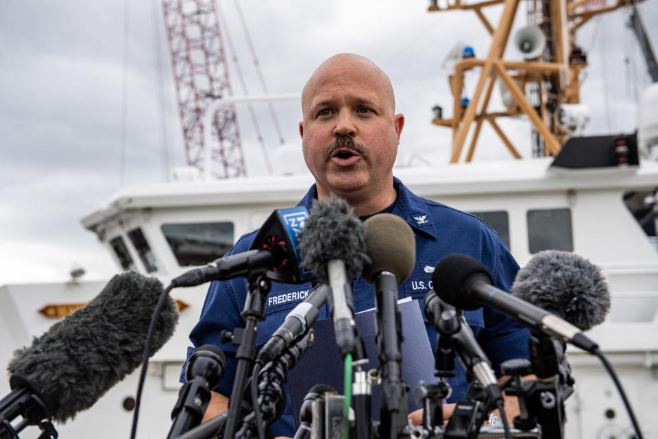 US Coast Guard Captain Jamie Frederick speaks during a press conference about the search efforts for the submersible that went missing near the wreck of the Titanic, at Coast Guard Base in Boston, Massachusetts, on June 20, 2023. The Titan submersible with five people on board has 