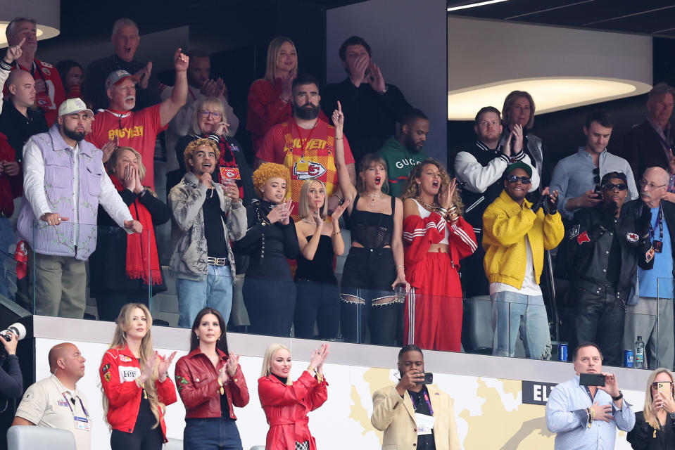 LAS VEGAS, NEVADA - FEBRUARY 11: Ed Kelce, Donna Kelce, NFL player Jason Kelce, Andrea Swift, rapper Ice Spice, Singer Taylor Swift and Actress Blake Lively react prior to Super Bowl LVIII between the San Francisco 49ers and Kansas City Chiefs at Allegiant Stadium on February 11, 2024 in Las Vegas, Nevada. (Photo by Steph Chambers/Getty Images)