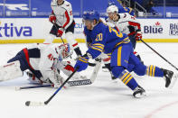 Buffalo Sabres forward Cody Eakin (20) is stopped by Washngton Capitals goalie Vitek Vanecek (41) during the second period of an NHL hockey game Friday, Jan. 15, 2021, in Buffalo, N.Y. (AP Photo/Jeffrey T. Barnes)