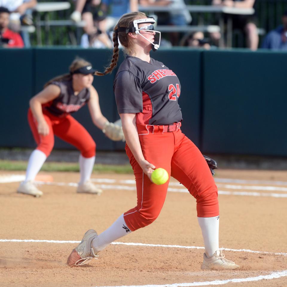 Sheridan freshman Cora Hall fires a pitch against during a Division II district final on Thursday at Ohio University in Athens. Hall struck out nine in a complete game as Sheridan reached the regional for the first time in three years.