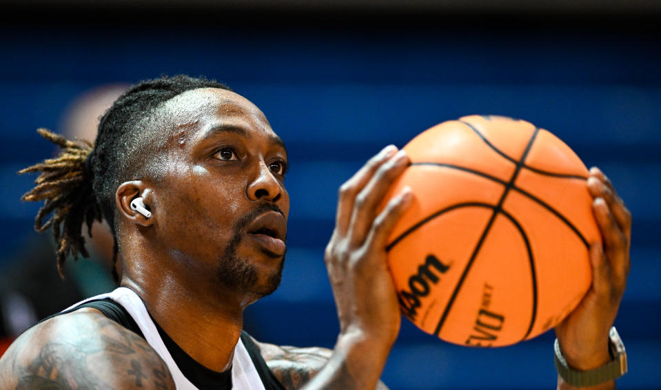 TAIPEI, TAIWAN - FEBRUARY 19: Dwight Howard #12 of the Taoyuan Leopards warms up prior to the T1 League game between TaiwanBeer HeroBears and Taoyuan Leopards at University of Taipei Tianmu Gymnasium on February 19, 2023 in Taipei, Taiwan. (Photo by Gene Wang/Getty Images)