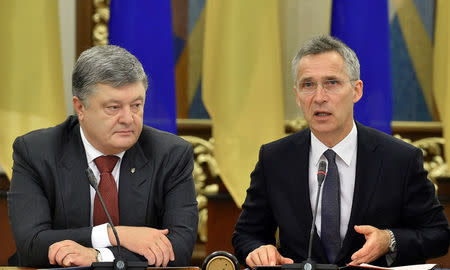 Ukrainian President Petro Poroshenko and NATO Secretary General Jens Stoltenberg attend a meeting in Kiev, Ukraine, July 10, 2017. Mykola Lazarenko/Ukrainian Presidential Press Service/Handout via REUTERS