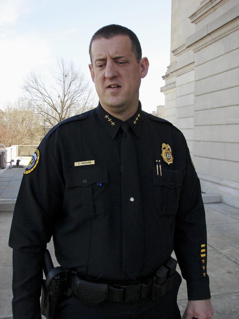 In this Jan. 31, 2017, photo, Trumann Police Chief Chad Henson is interviewed outside the state Capitol in Little Rock, Ark., about a bill that would prohibit the general release of videotape depicting the death of a law enforcement officer in the line of duty. A recording of a Trumann officer being shot dead in 2011 continues to pop up in social media feeds of the officer's family nearly six years later. The state Senate could vote on the measure as early as Thursday afternoon, March 9, 2017. (AP Photo/Kelly P. Kissel)