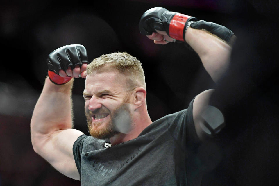 Jul 6, 2019; Las Vegas, NV, USA; Jan Blachowicz (red gloves) after his win against Luke Rockhold (not pictured) at T-Mobile Arena. Mandatory Credit: Stephen R. Sylvanie-USA TODAY Sports