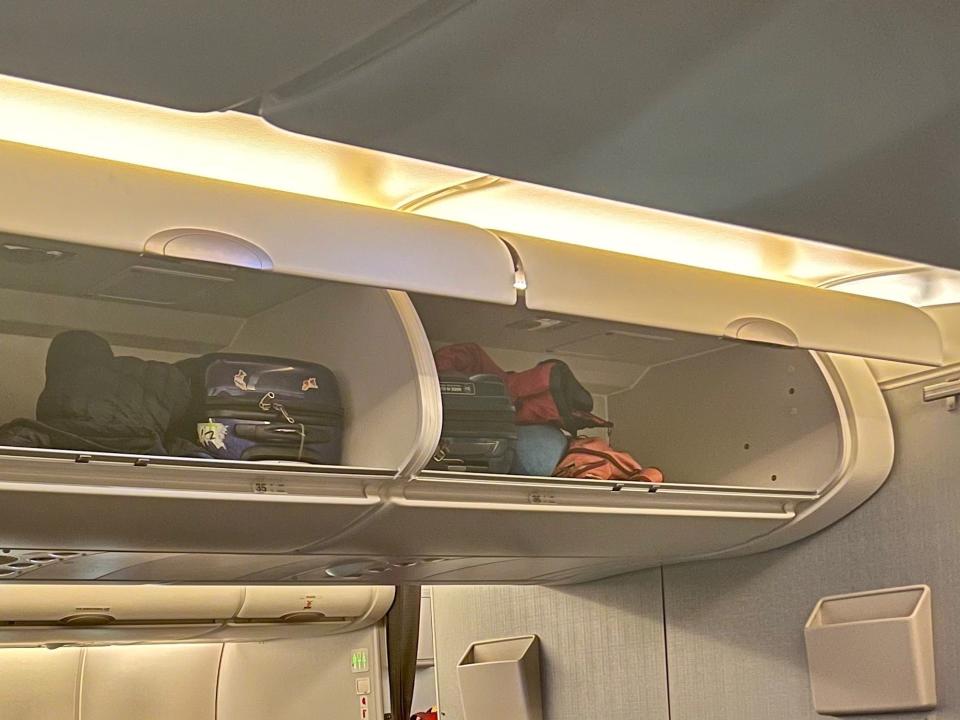 The overhead bins full of baggage.