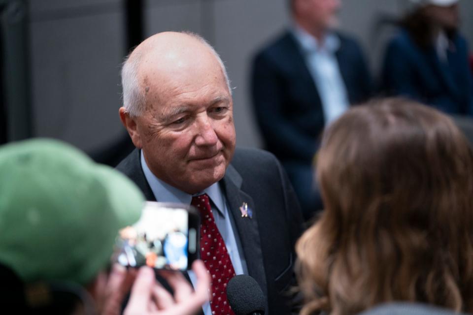 Pete Hoekstra addresses the media about border issues before Donald Trump speaks at a press conference in the Monroe Meeting Rooms at DeVos Place in Grand Rapids on Tuesday, April 2, 2024.