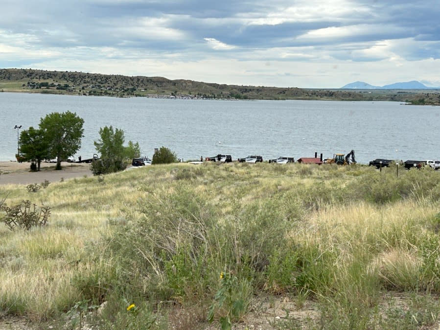 Police vehicles at Lake Pueblo for a shooting investigation in the Sailboard Beach area