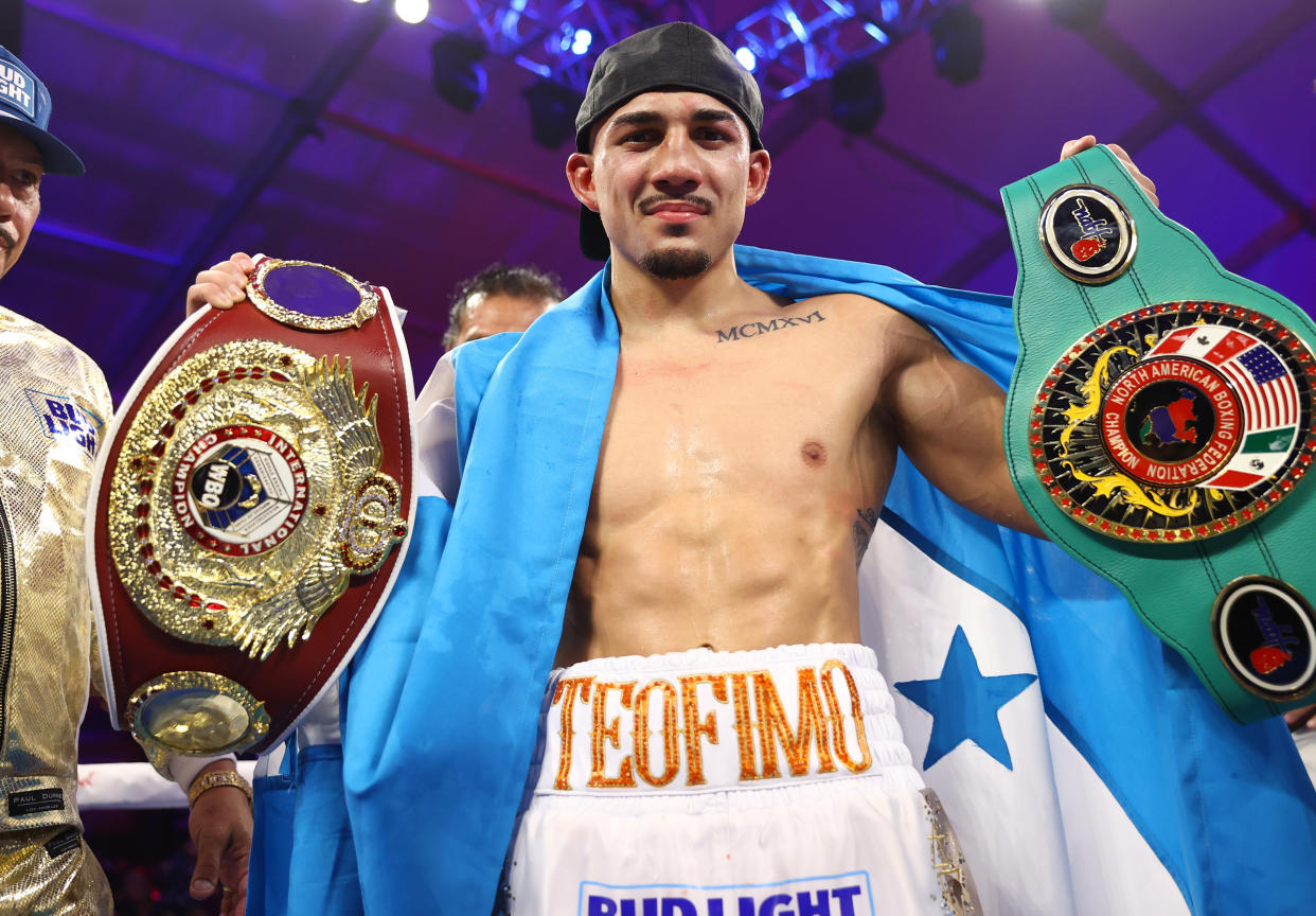 LAS VEGAS, NEVADA - AUGUST 13: Teofimo Lopez celebrates after defeating Pedro Campa, during their NABF & WBO International junior welterweight fight at Resorts World Las Vegas on August 13, 2022 in Las Vegas, Nevada. (Photo by Mikey Williams/Top Rank Inc via Getty Images)