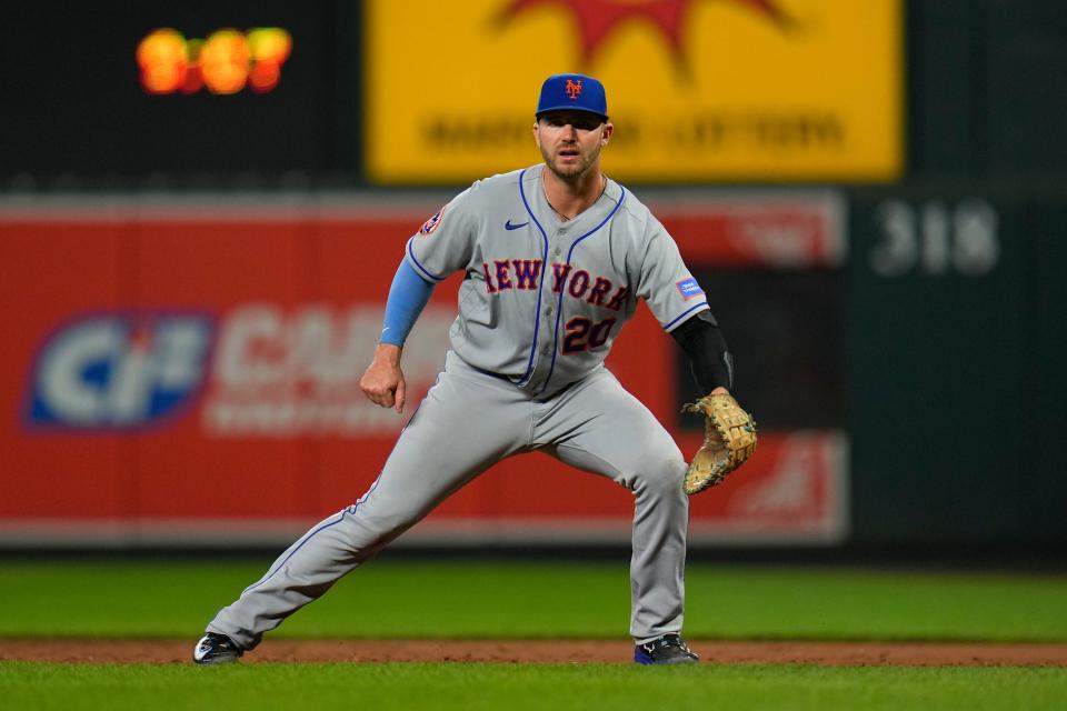 New York Mets first baseman Pete Alonso waits for a pitch to the Baltimore Orioles during the sixth inning of a baseball game, Saturday, Aug. 5, 2023, in Baltimore.