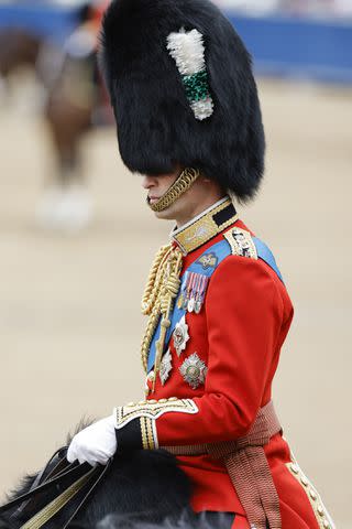 <p>John Phillips/Getty </p> Prince William rides on horseback in Trooping the Colour on June 15, 2024