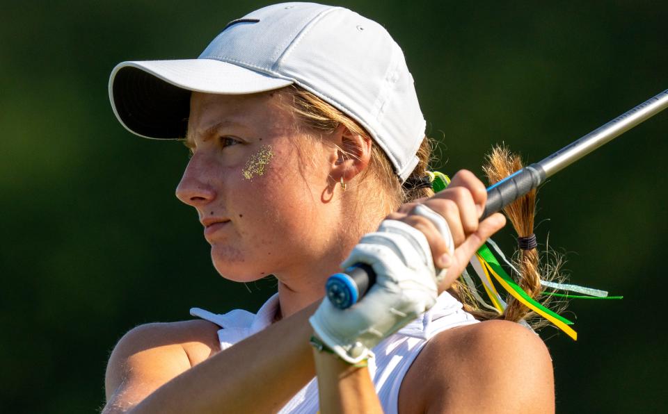 Northridge’s Lizzy Irving tees off on the fourth hole Friday, Oct. 4, 2024, during round one of the 2024-25 IHSAA girls golf state championships at Prairie View Golf Club in Carmel, Indiana.