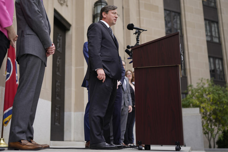 Tennessee Attorney General Jonathan Skrmetti announces a lawsuit against the Meta Platforms Inc., the parent company of Facebook and Instagram, during a news conference, Tuesday, Oct. 24, 2023, in Nashville, Tenn. The complaint alleges that the company knew of the harmful impact of its Instagram platform on young people. (AP Photo/George Walker IV)