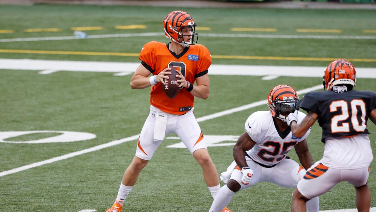 CINCINNATI, OH - AUGUST 30: Joe Burrow #9 of the Cincinnati Bengals looks to pass the football during a scrimmage at Paul Brown Stadium on August 30, 2020 in Cincinnati, Ohio.